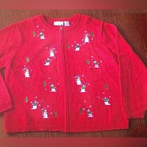 🎄 Croft & Barrow Christmas Snowman Red Full Zip Light Jacket/ Cardigan Size XL